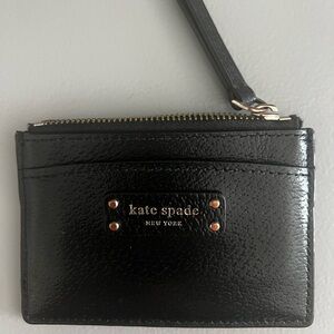 kate spade Black Leather Zip Card Wallet with Gold Hardware